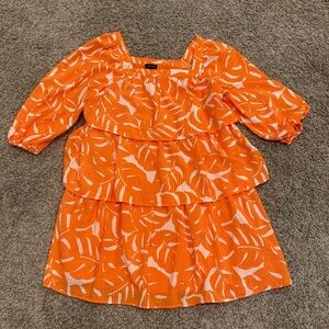Who What Wear Tiered Orange Palm Leaf Tropical Print Midi Dress XS